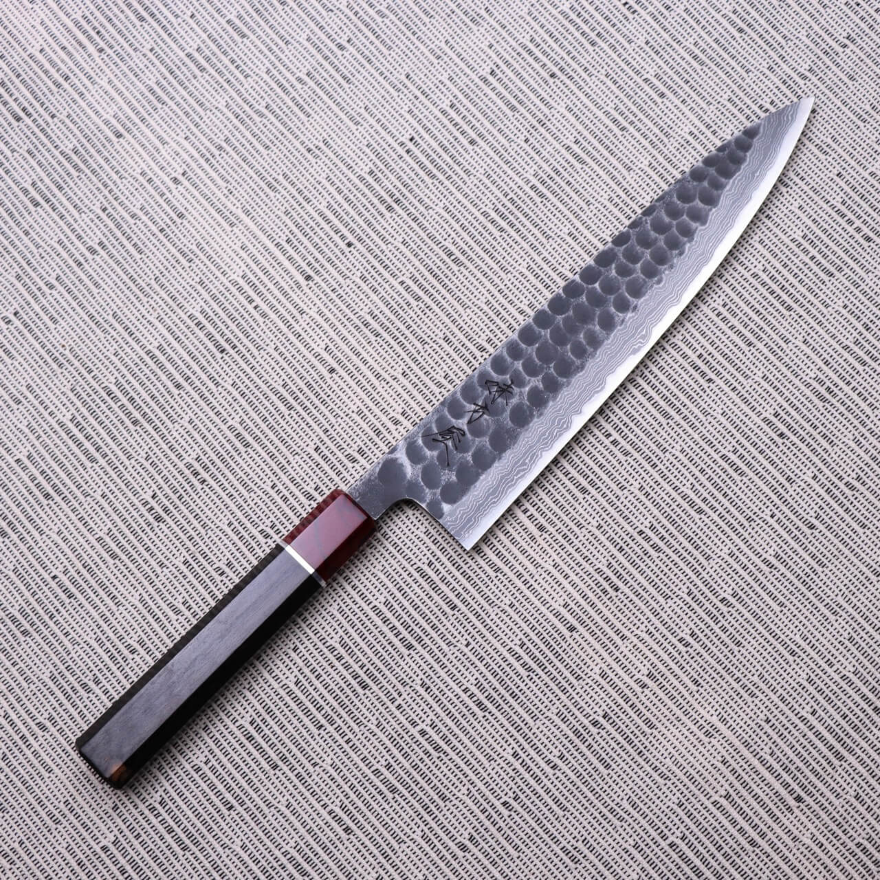 Ajikataya Blue #2 Damascus Steel Kurouchi Tsuchime Finish Gyuto with Black Persimmon Handle