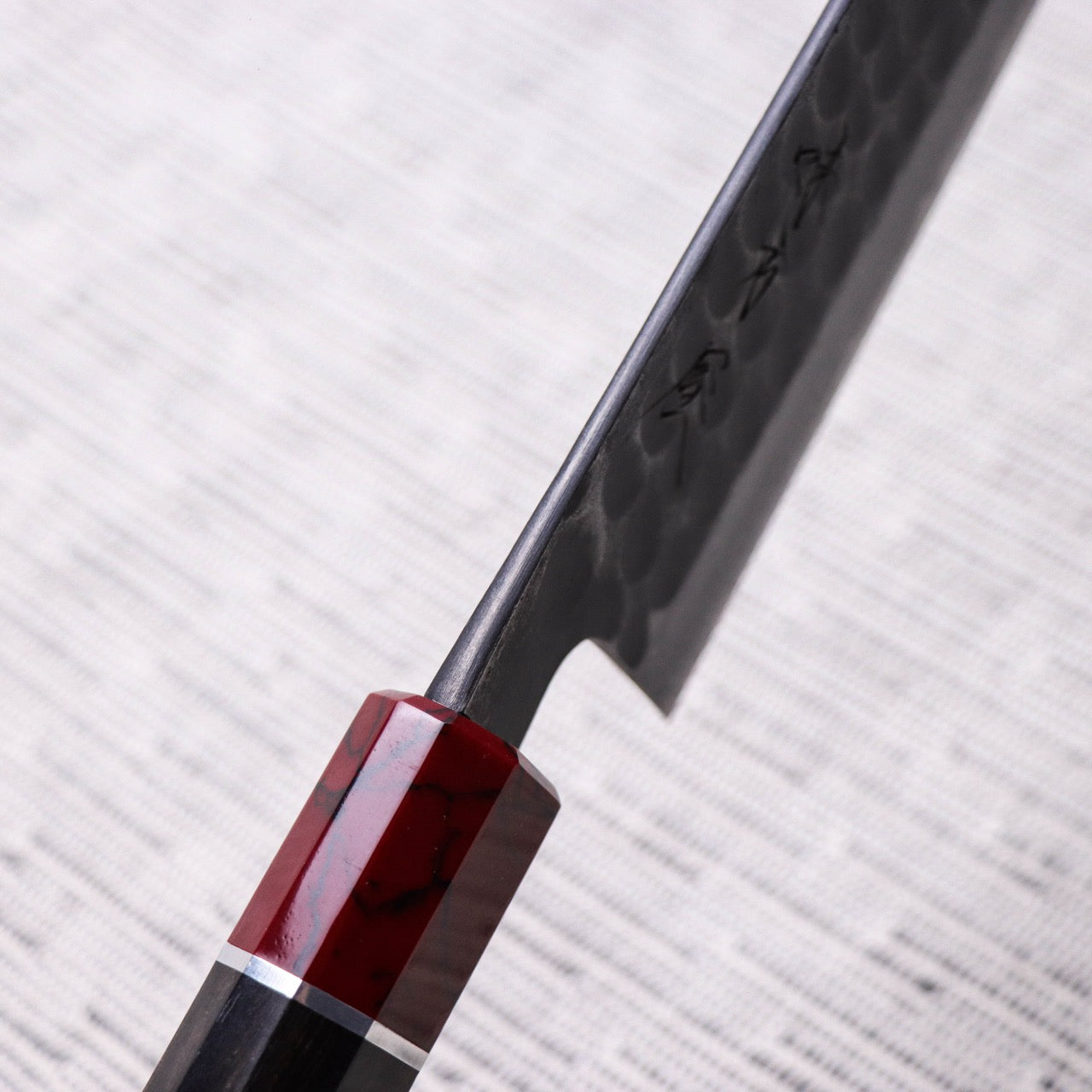 Ajikataya Blue #2 Damascus Steel Kurouchi Tsuchime Finish Gyuto with Black Persimmon Handle