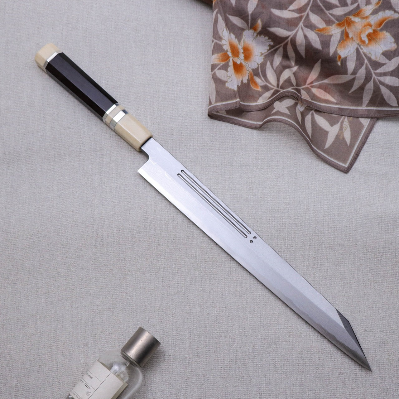 Yoshihiro Suminagashi Blue #1 Damascus cladding Kansho Kiritsuke Yanagi with Double Grooves