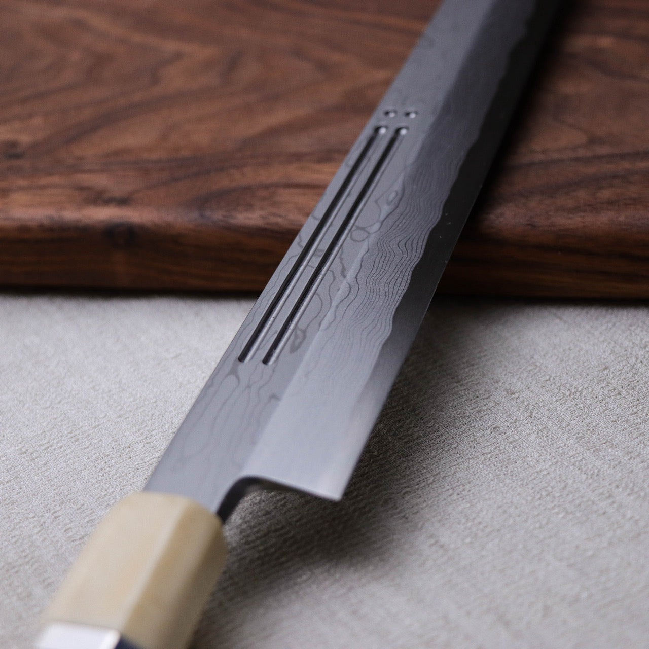 Yoshihiro Suminagashi Blue #1 Damascus cladding Kansho Kiritsuke Yanagi with Double Grooves
