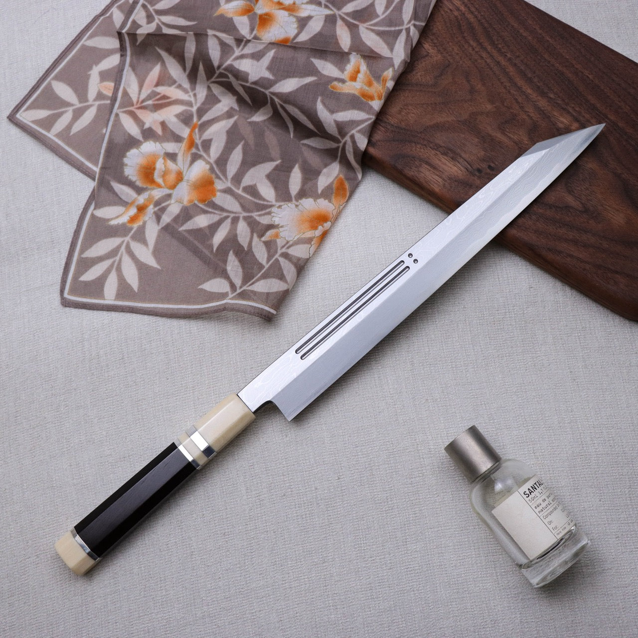 Yoshihiro Suminagashi Blue #1 Damascus cladding Kansho Kiritsuke Yanagi with Double Grooves