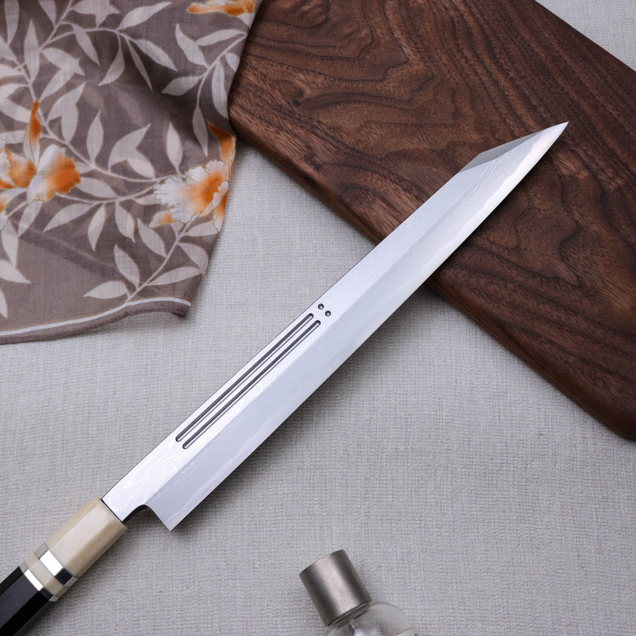 Yoshihiro Suminagashi Blue #1 Damascus cladding Kansho Kiritsuke Yanagi with Double Grooves