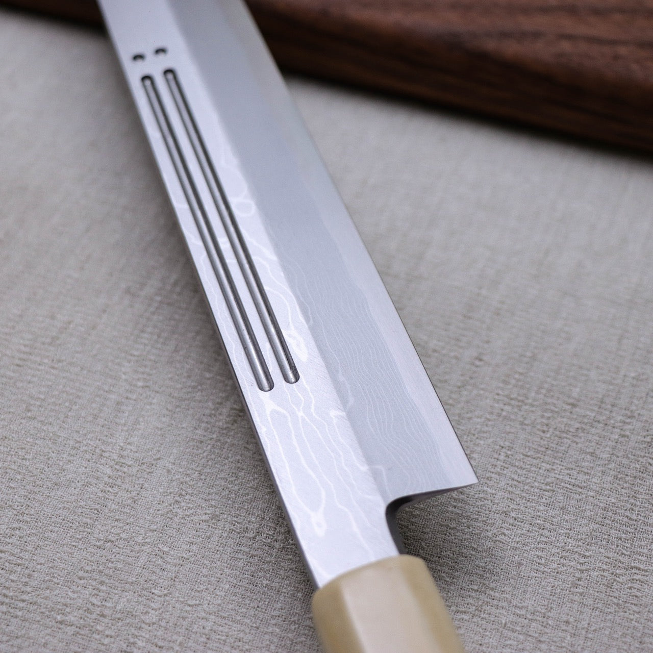 Yoshihiro Suminagashi Blue #1 Damascus cladding Kansho Kiritsuke Yanagi with Double Grooves