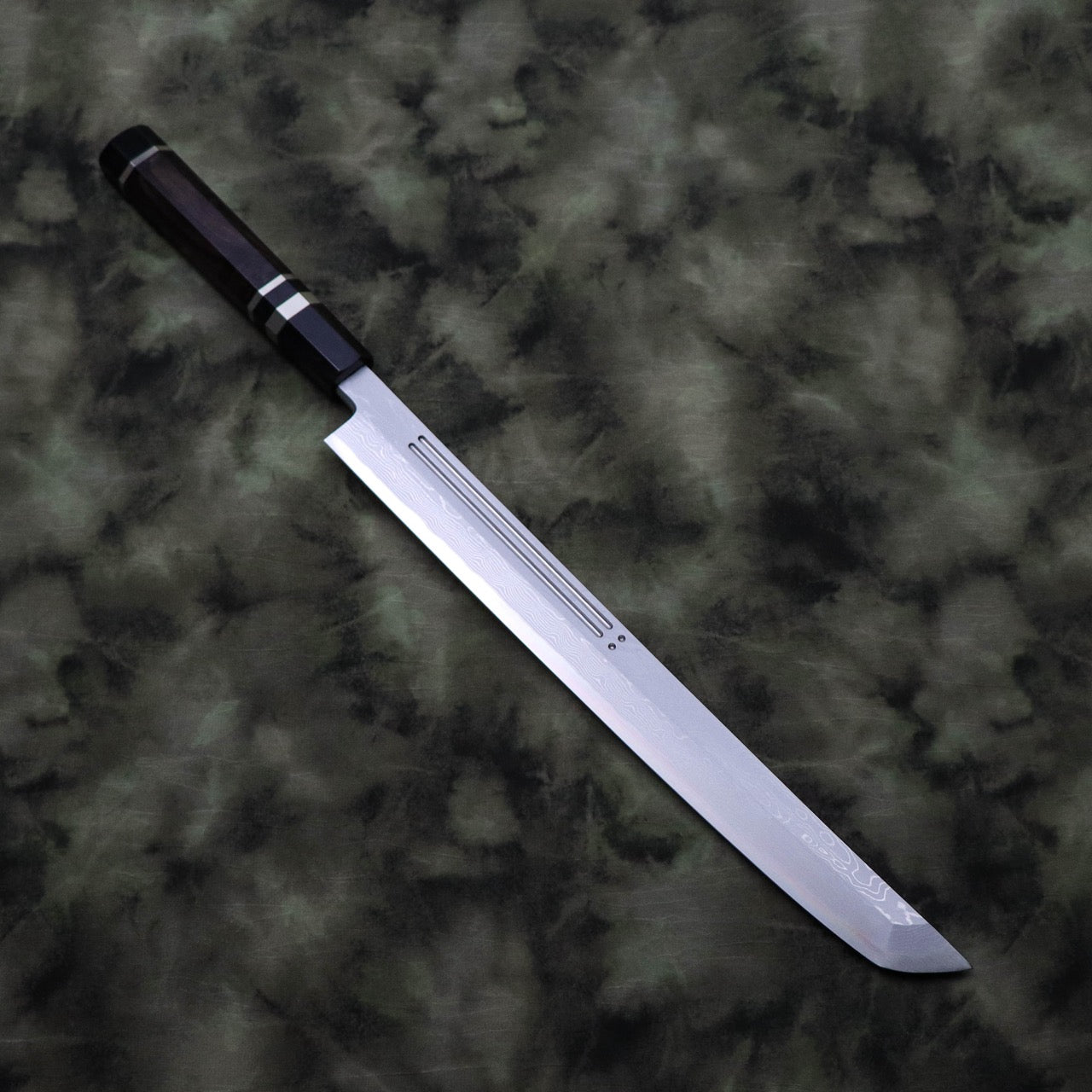 義弘作 青一墨流 護摩箸 珠玉二本彫 先丸柳刃 三銀卷八角柄