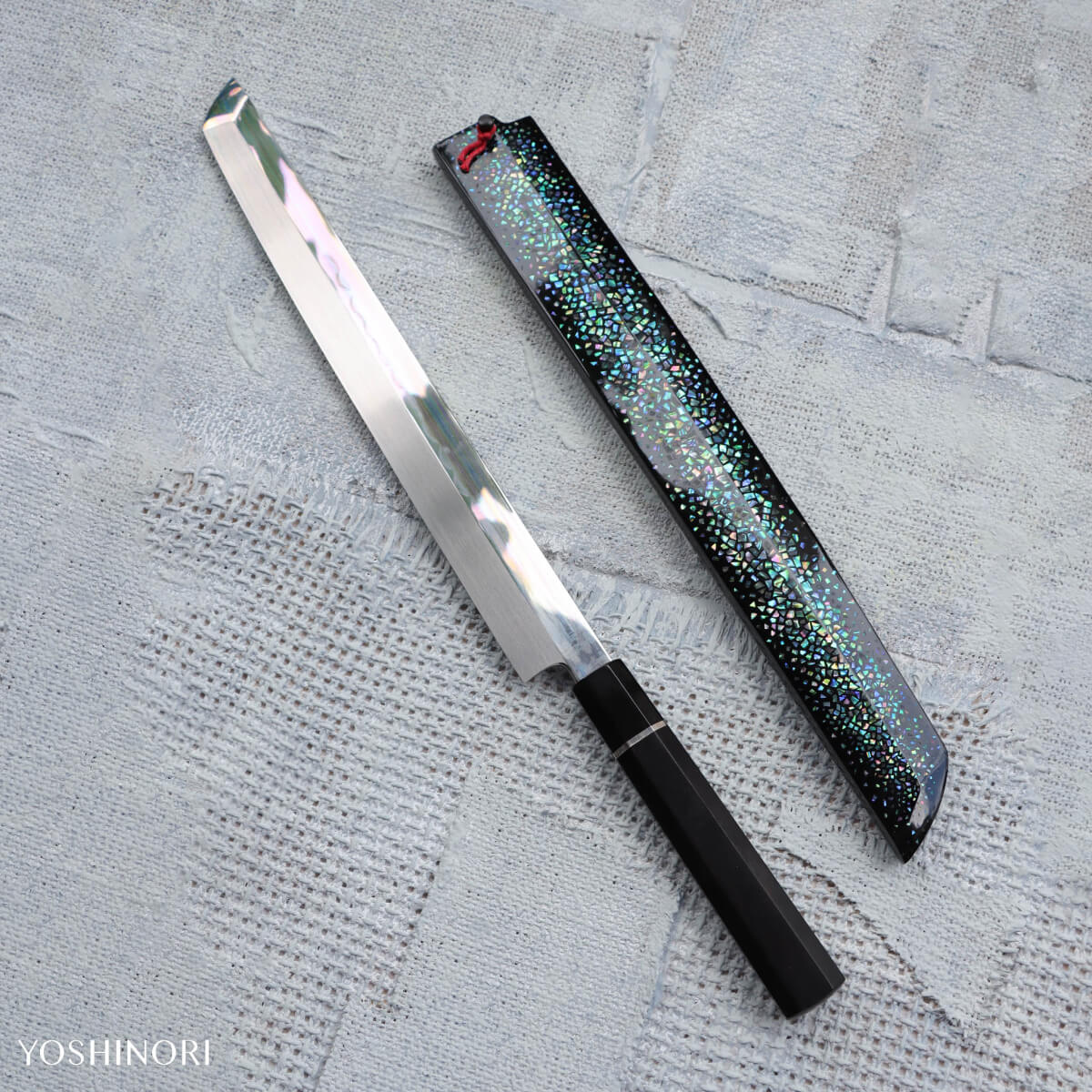 堺昇龍 白一鋼水本燒 左刃 先丸柳刃 付黒螺鈿本漆塗鞘