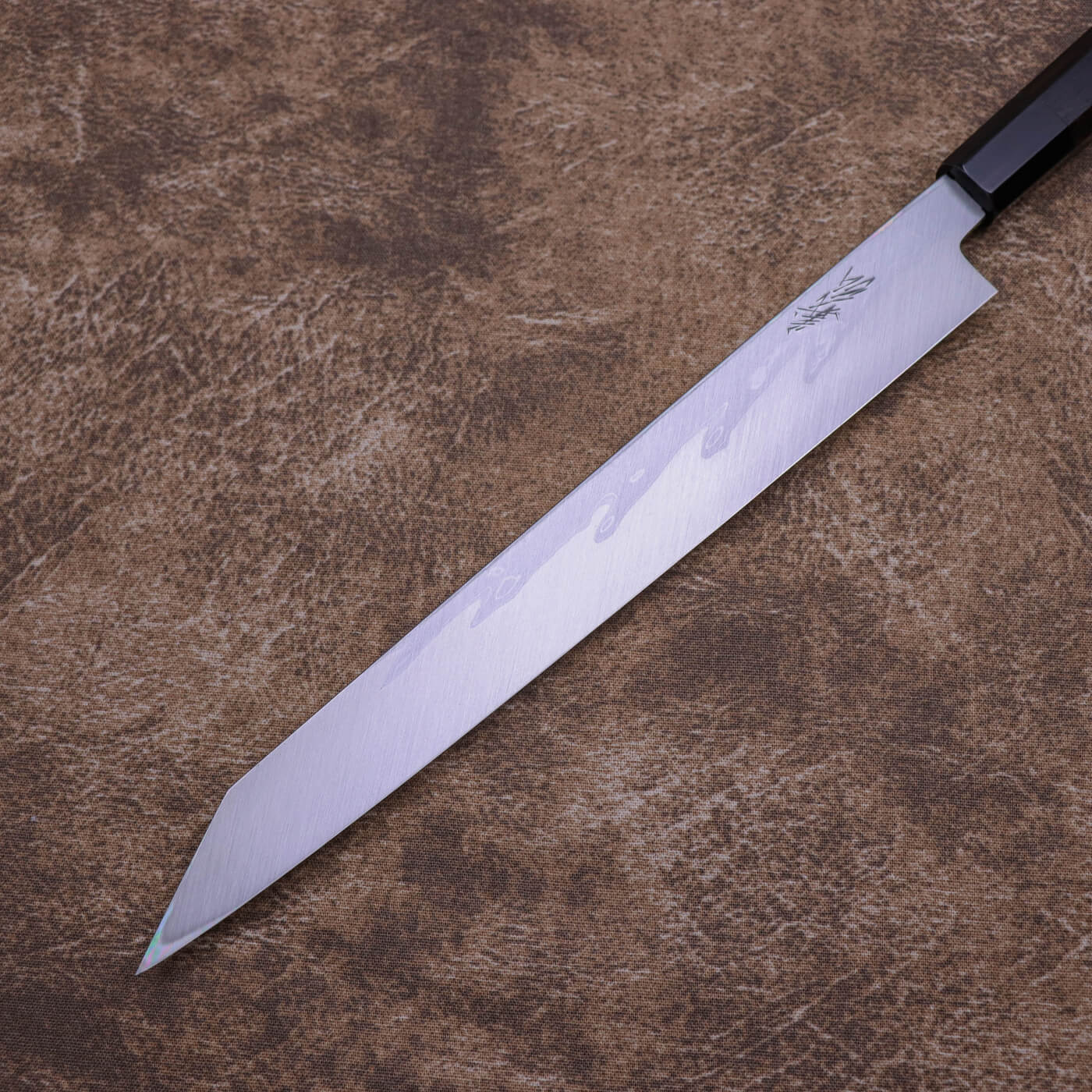 Yoshihiro Suminagashi Blue #1 Damascus cladding Kansho Kiritsuke Yanagi with Double Grooves and Ebony Handle