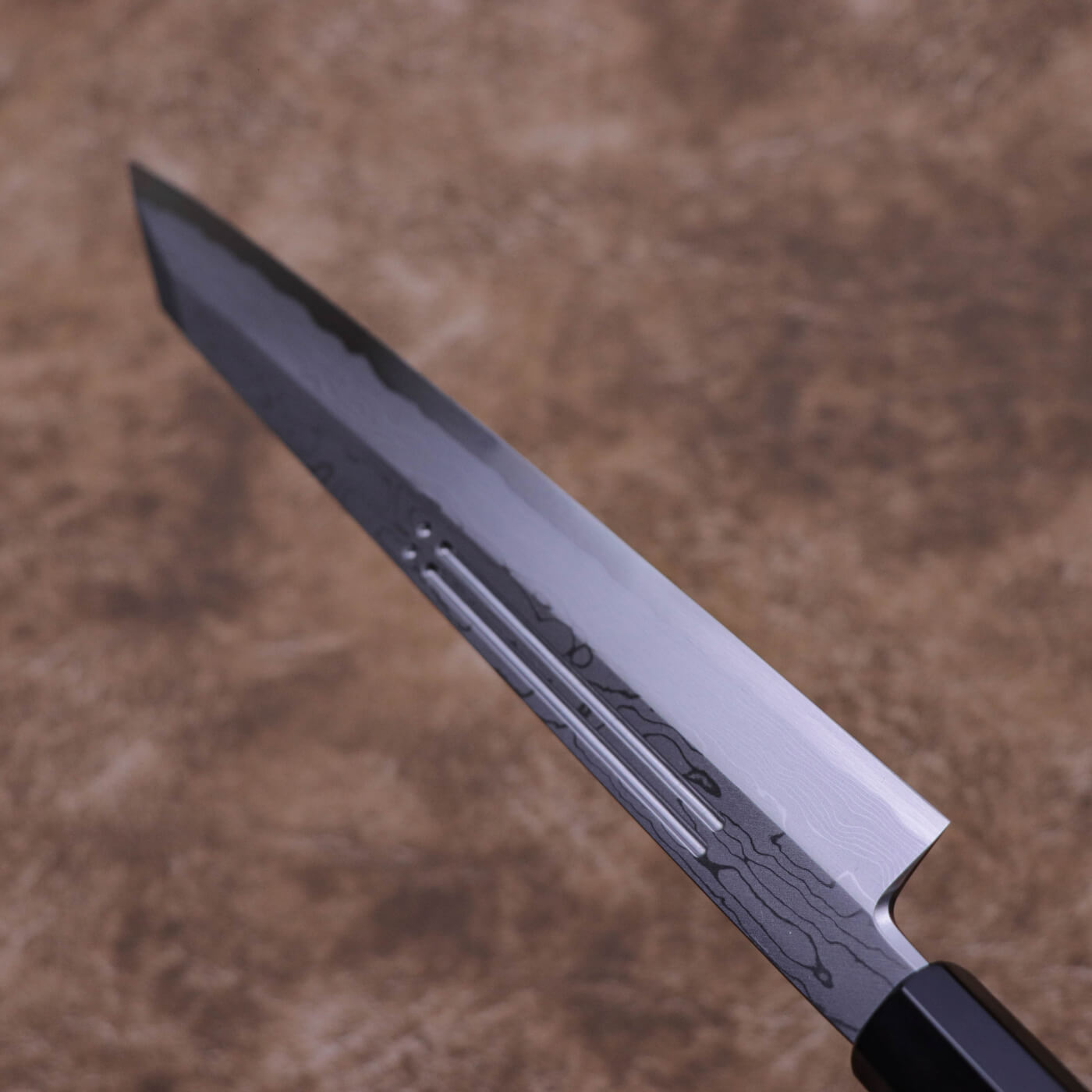Yoshihiro Suminagashi Blue #1 Damascus cladding Kansho Kiritsuke Yanagi with Double Grooves and Ebony Handle