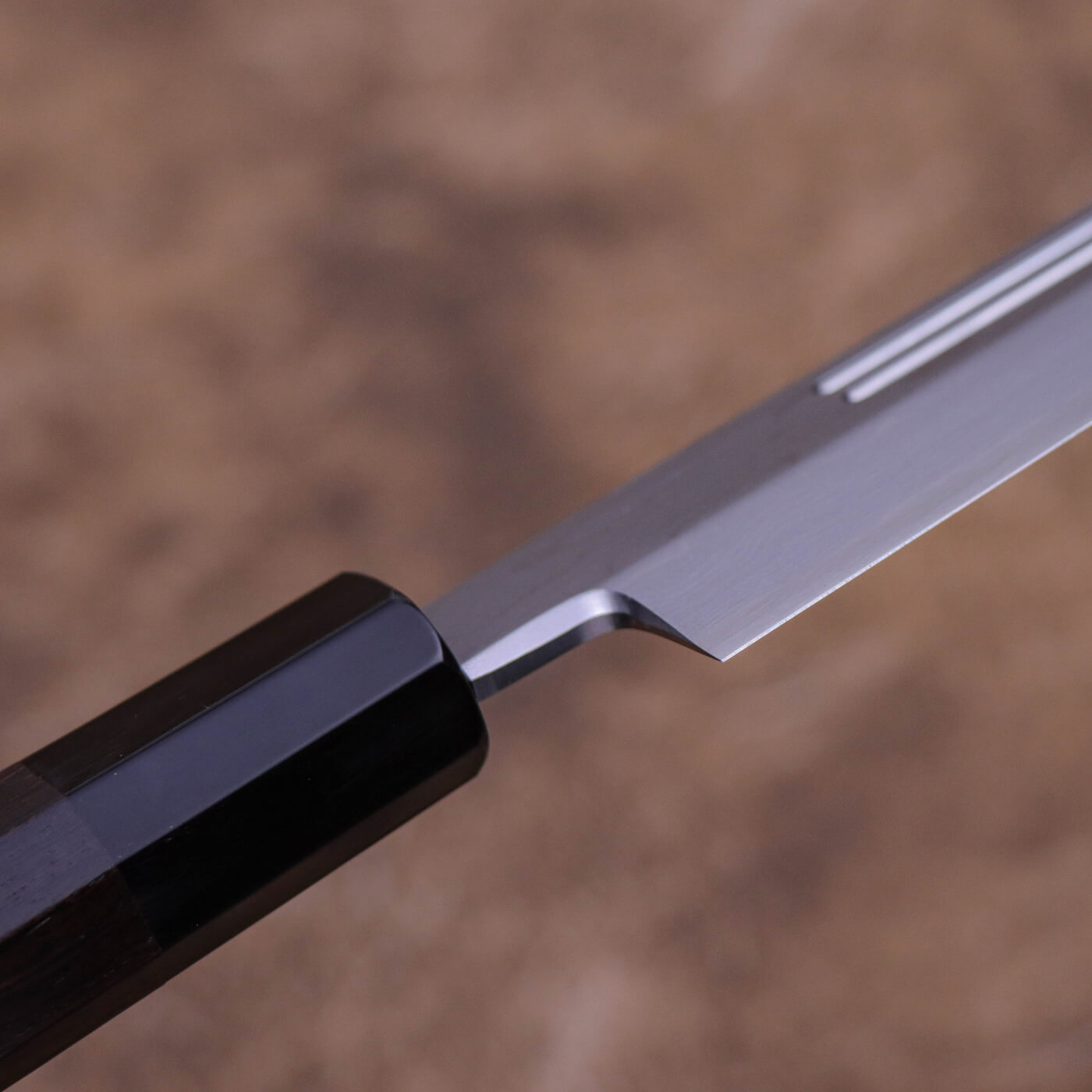 Yoshihiro Suminagashi Blue #1 Damascus cladding Kansho Kiritsuke Yanagi with Double Grooves and Ebony Handle