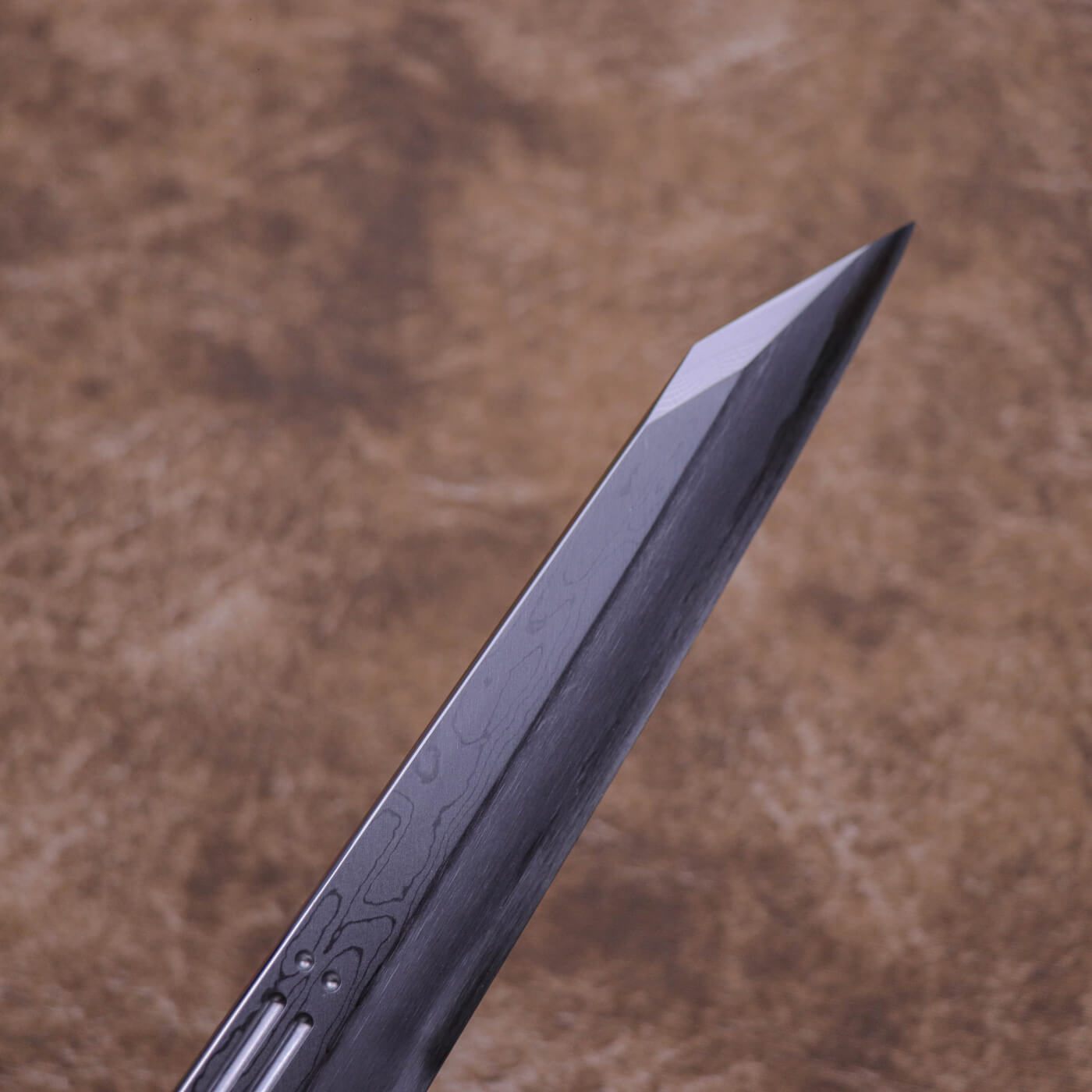 Yoshihiro Suminagashi Blue #1 Damascus cladding Kansho Kiritsuke Yanagi with Double Grooves and Ebony Handle