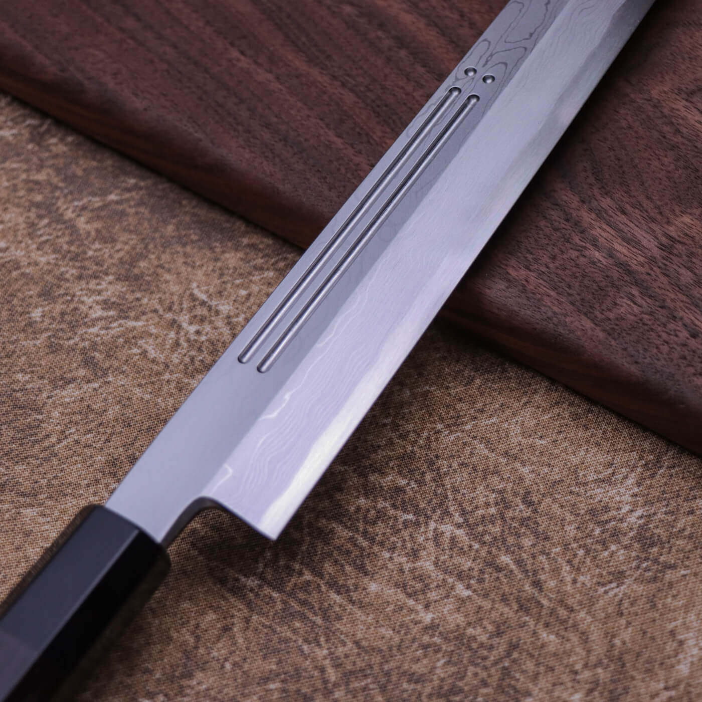 Yoshihiro Suminagashi Blue #1 Damascus cladding Kansho Kiritsuke Yanagi with Double Grooves and Ebony Handle