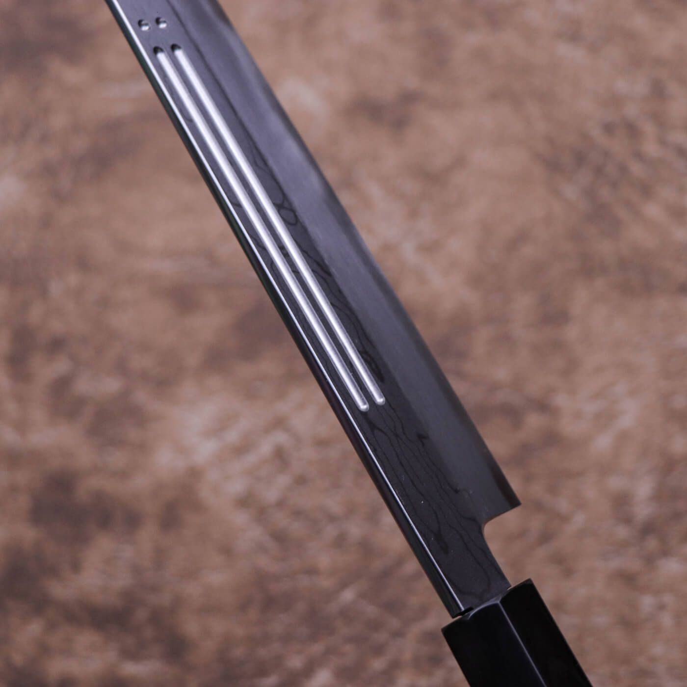 Yoshihiro Suminagashi Blue #1 Damascus cladding Kansho Kiritsuke Yanagi with Double Grooves and Ebony Handle