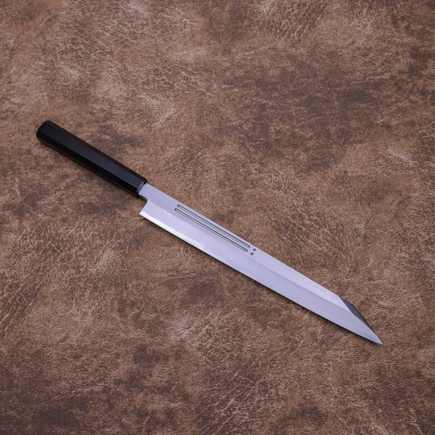 Yoshihiro Suminagashi Blue #1 Damascus cladding Kansho Kiritsuke Yanagi with Double Grooves and Ebony Handle