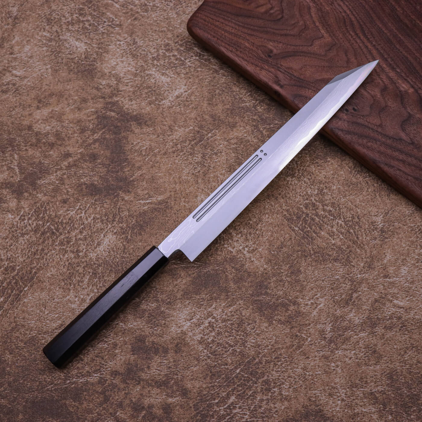 Yoshihiro Suminagashi Blue #1 Damascus cladding Kansho Kiritsuke Yanagi with Double Grooves and Ebony Handle