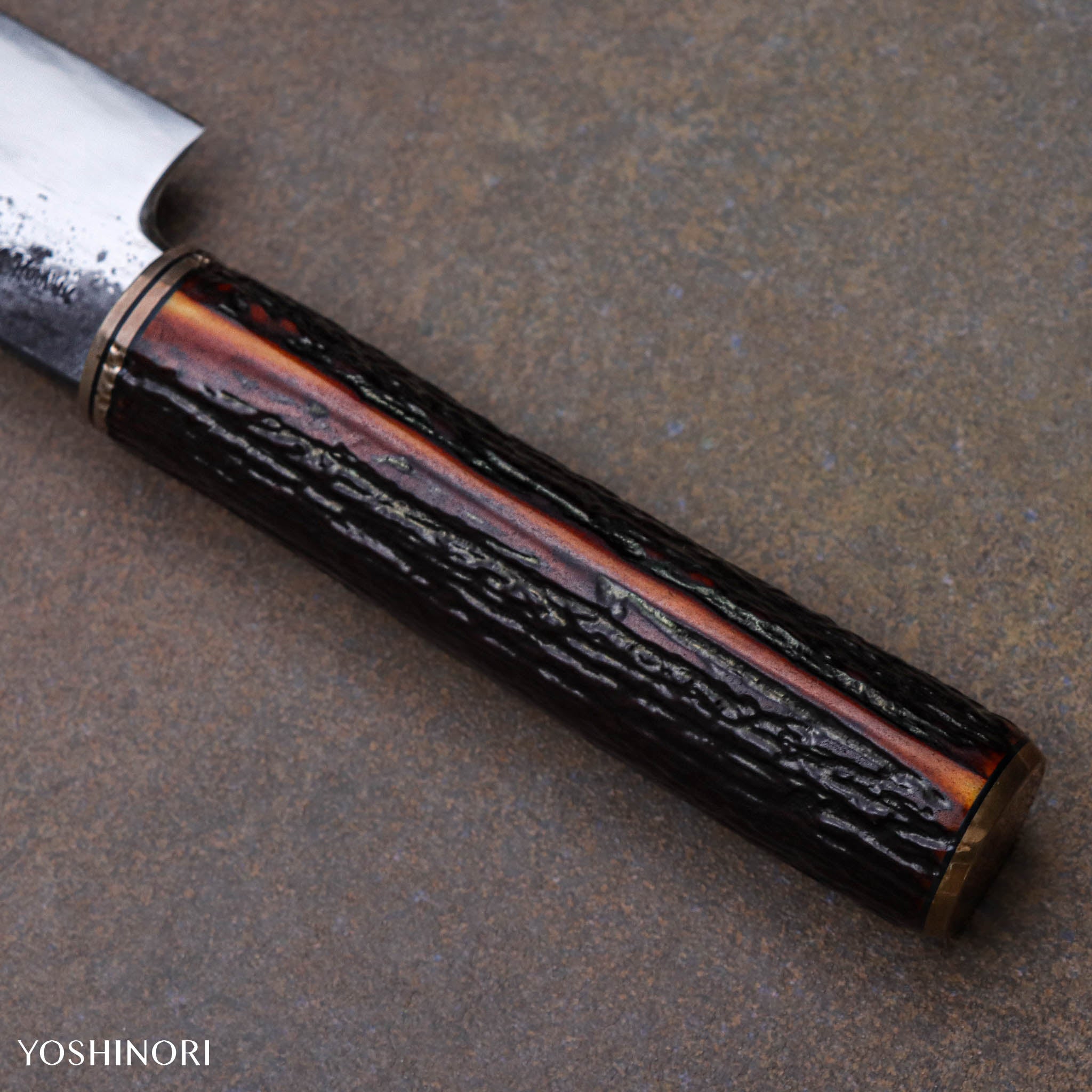 秋友義彥 甲伏鍛黑打 切付包丁(劍形山刀)琥珀鹿角柄