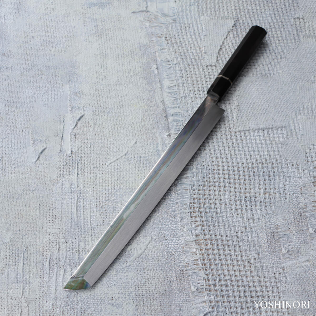 堺昇龍 白一鋼水本燒 左刃 先丸柳刃 付黒螺鈿本漆塗鞘