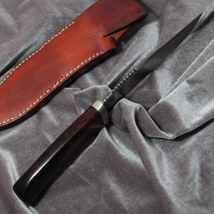 伊早坂秀一作 大馬士革鋼 玫瑰木瘤柄 野外求生Bowie獵刀