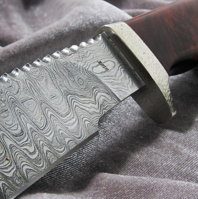 伊早坂秀一作 大馬士革鋼 玫瑰木瘤柄 野外求生Bowie獵刀