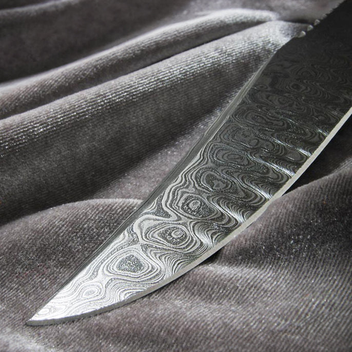 伊早坂秀一作 大馬士革鋼 玫瑰木瘤柄 野外求生Bowie獵刀