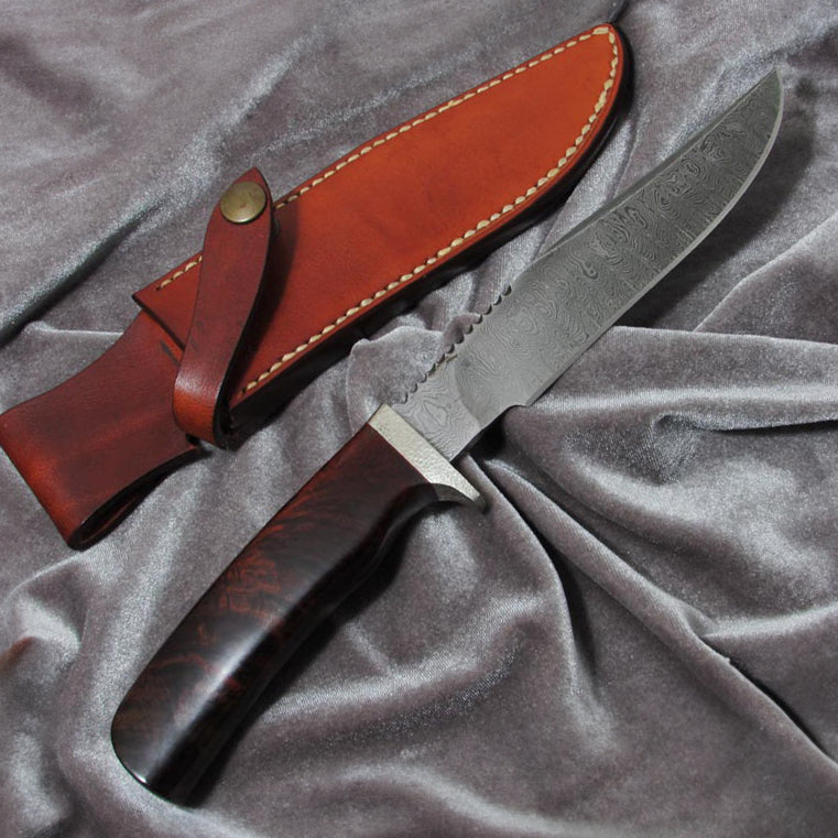 伊早坂秀一作 大馬士革鋼 玫瑰木瘤柄 野外求生Bowie獵刀