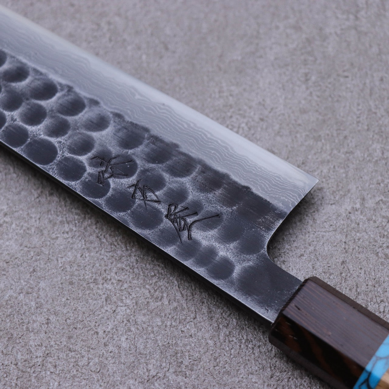 Ajikataya Blue #2 Damascus Steel Kurouchi Tsuchime Finish Gyuto