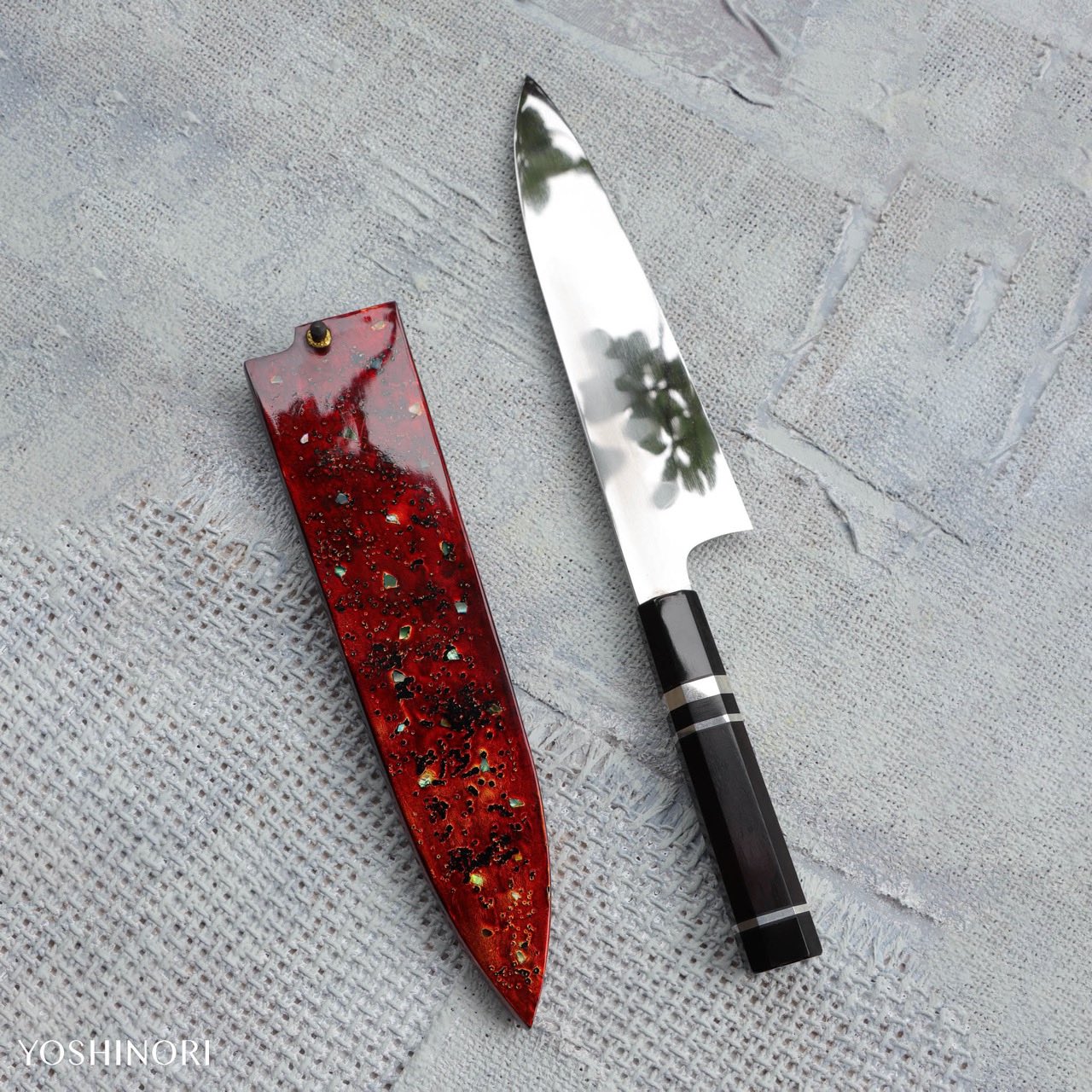 源昭忠 DX青二鋼 水本燒鏡面「蛙子丁子刃紋」和牛刀 付本漆螺鈿變塗鞘