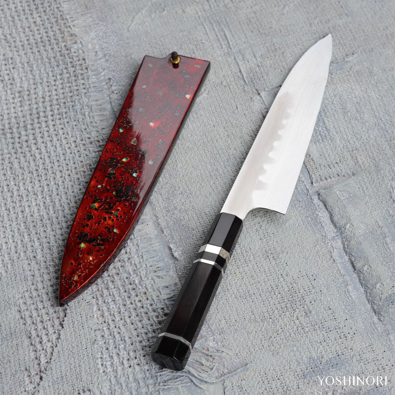 源昭忠 DX青二鋼 水本燒鏡面「蛙子丁子刃紋」和牛刀 付本漆螺鈿變塗鞘