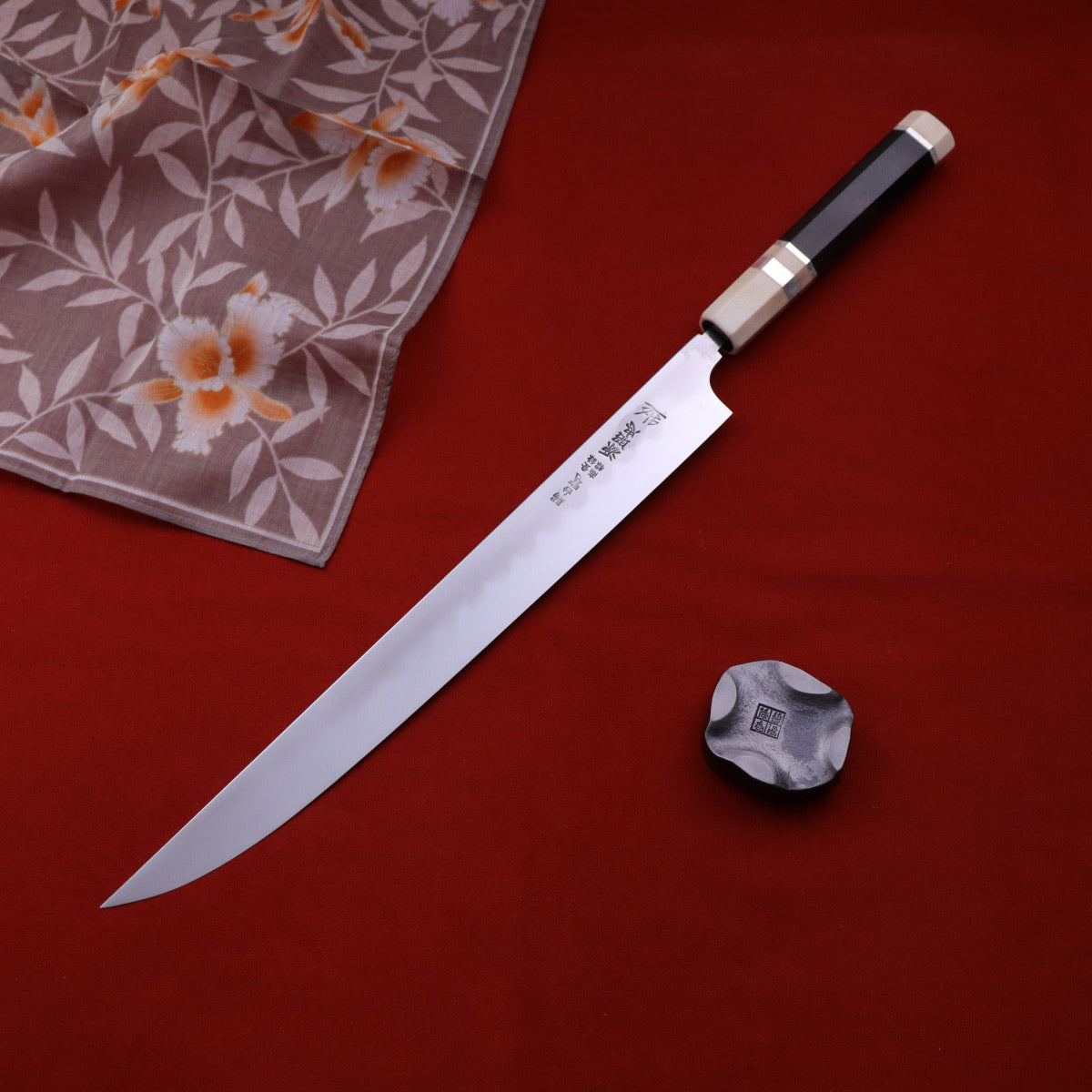 源昭忠 DX青二鋼 水本燒鏡面 「蛙子丁子刃紋」柳刃 付本漆金梨地塗鞘