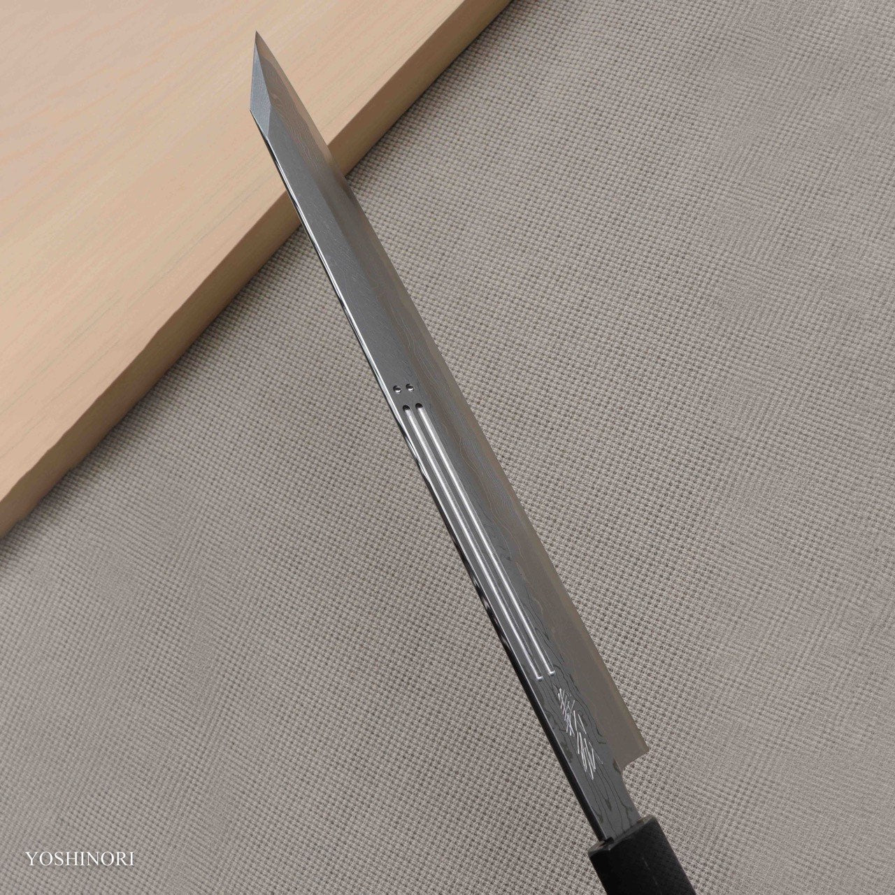 Yoshihiro Suminagashi Blue #1 Damascus cladding Kansho Yanagi Kiritsuke with Double Grooves