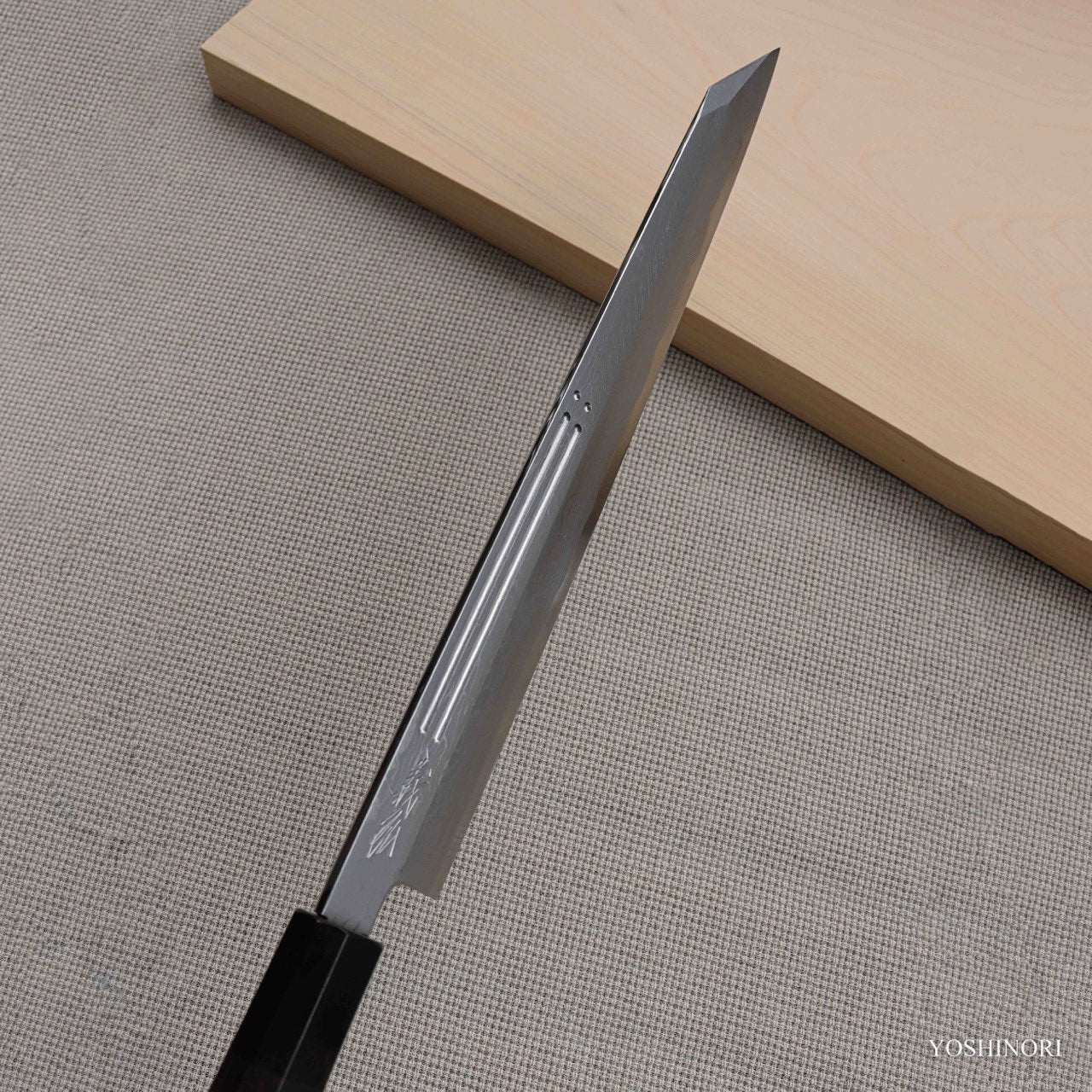 Yoshihiro Suminagashi Blue #1 Damascus cladding Kansho Yanagi Kiritsuke with Double Grooves