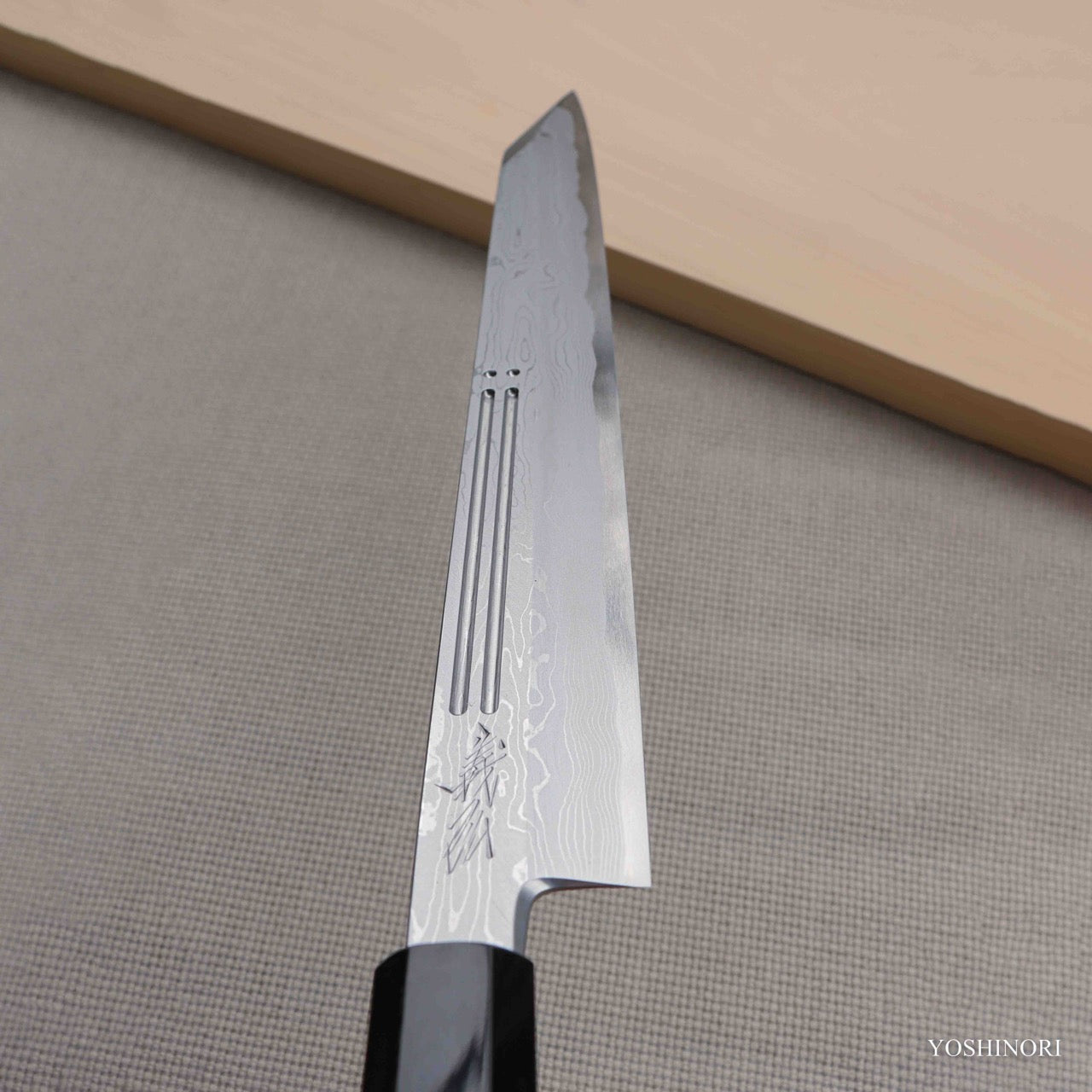 Yoshihiro Suminagashi Blue #1 Damascus cladding Kansho Yanagi Kiritsuke with Double Grooves