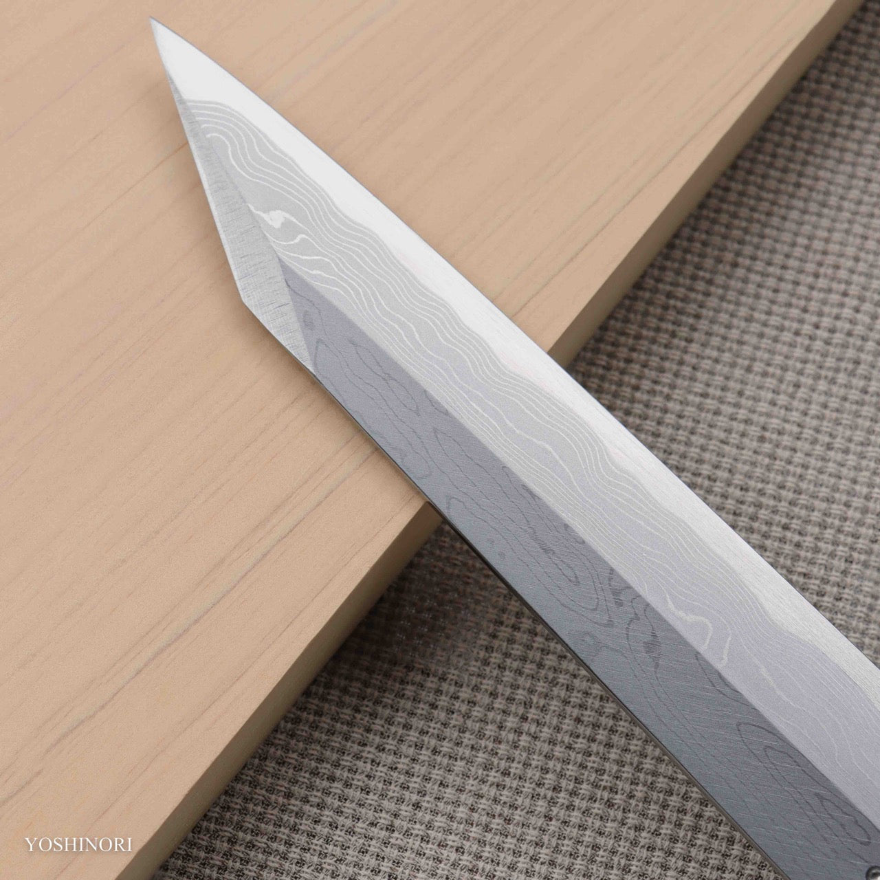 Yoshihiro Suminagashi Blue #1 Damascus cladding Kansho Yanagi Kiritsuke with Double Grooves