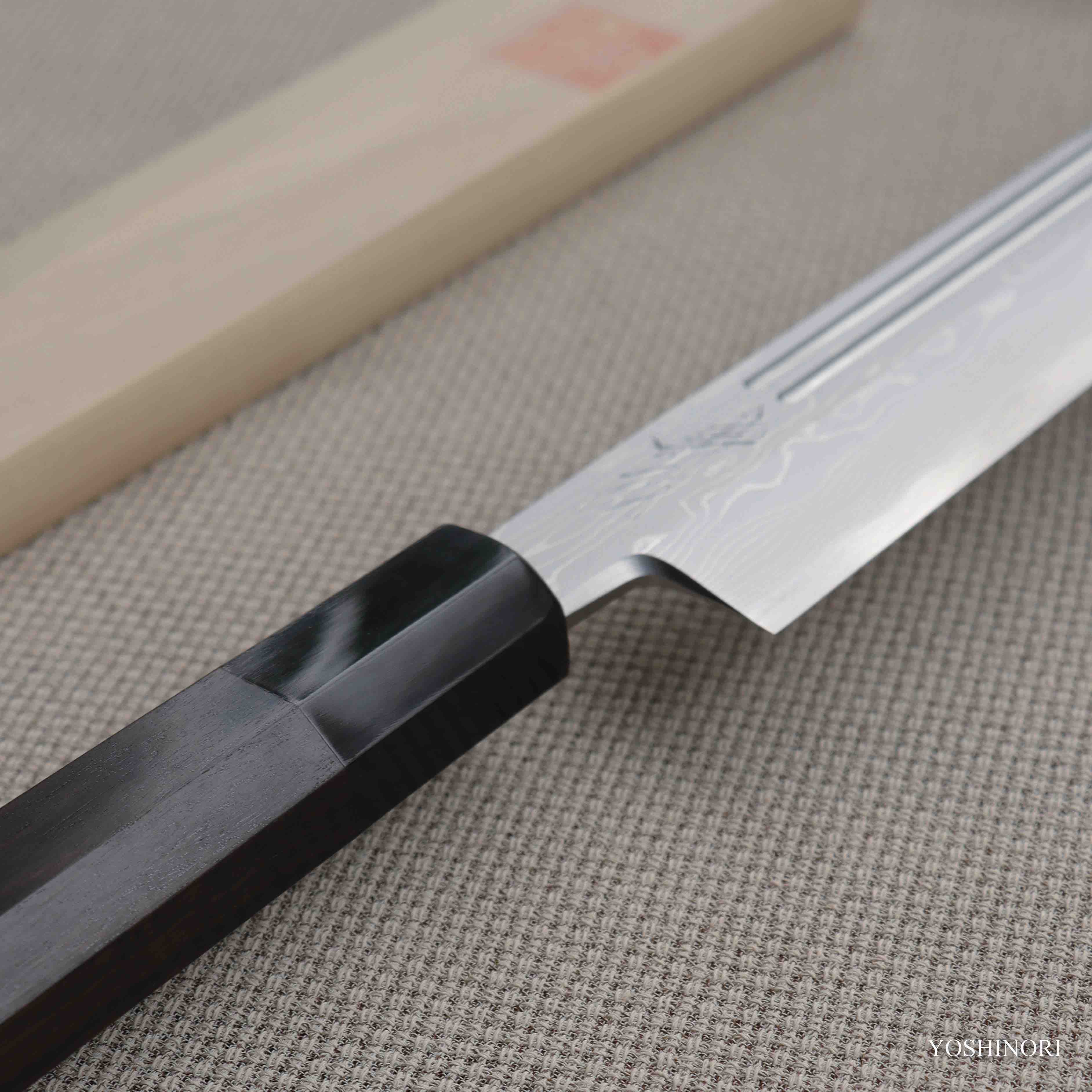 Yoshihiro Suminagashi Blue #1 Damascus cladding Kansho Yanagi Kiritsuke with Double Grooves