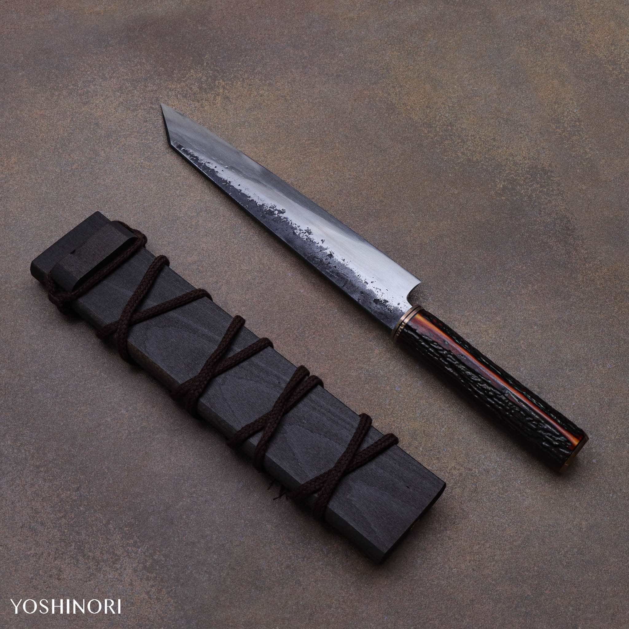 秋友義彥 甲伏鍛黑打 切付包丁（劍形山刀）琥珀鹿角柄