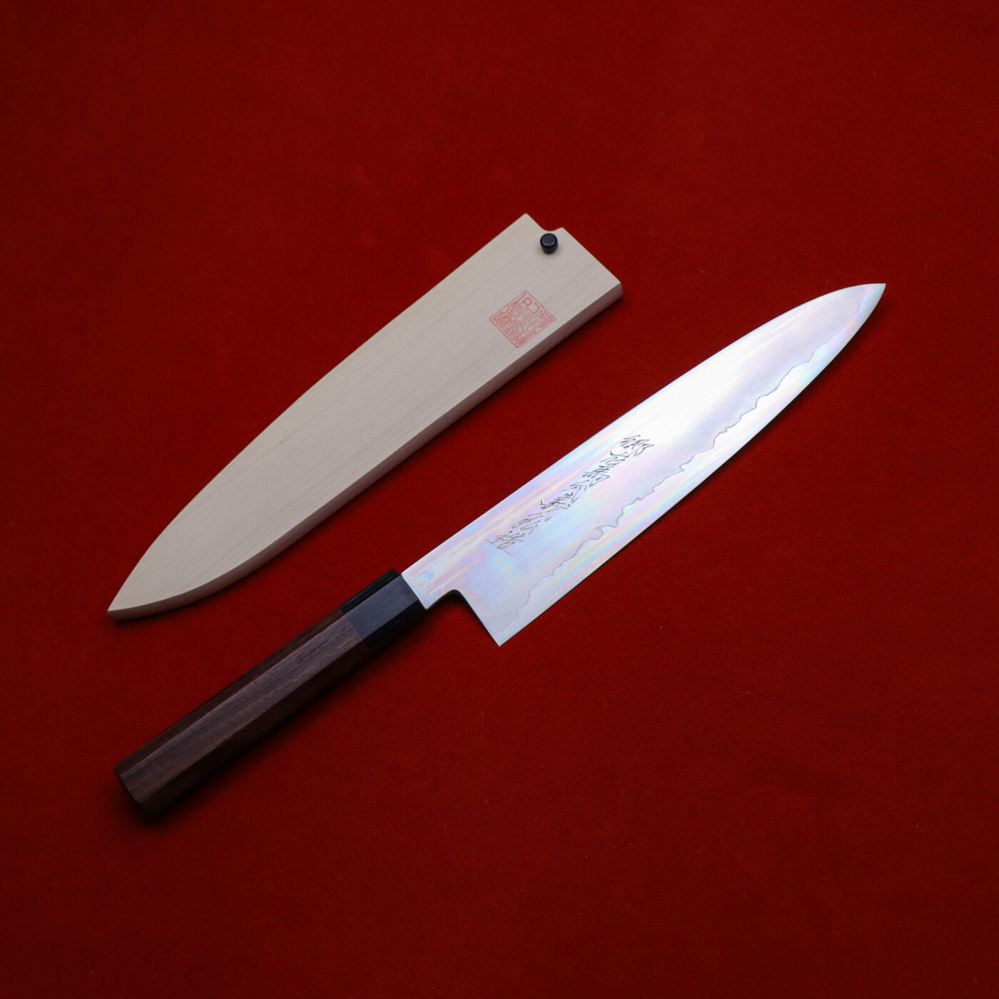 義弘作 銀三 本霞和牛刀 紫檀八角柄