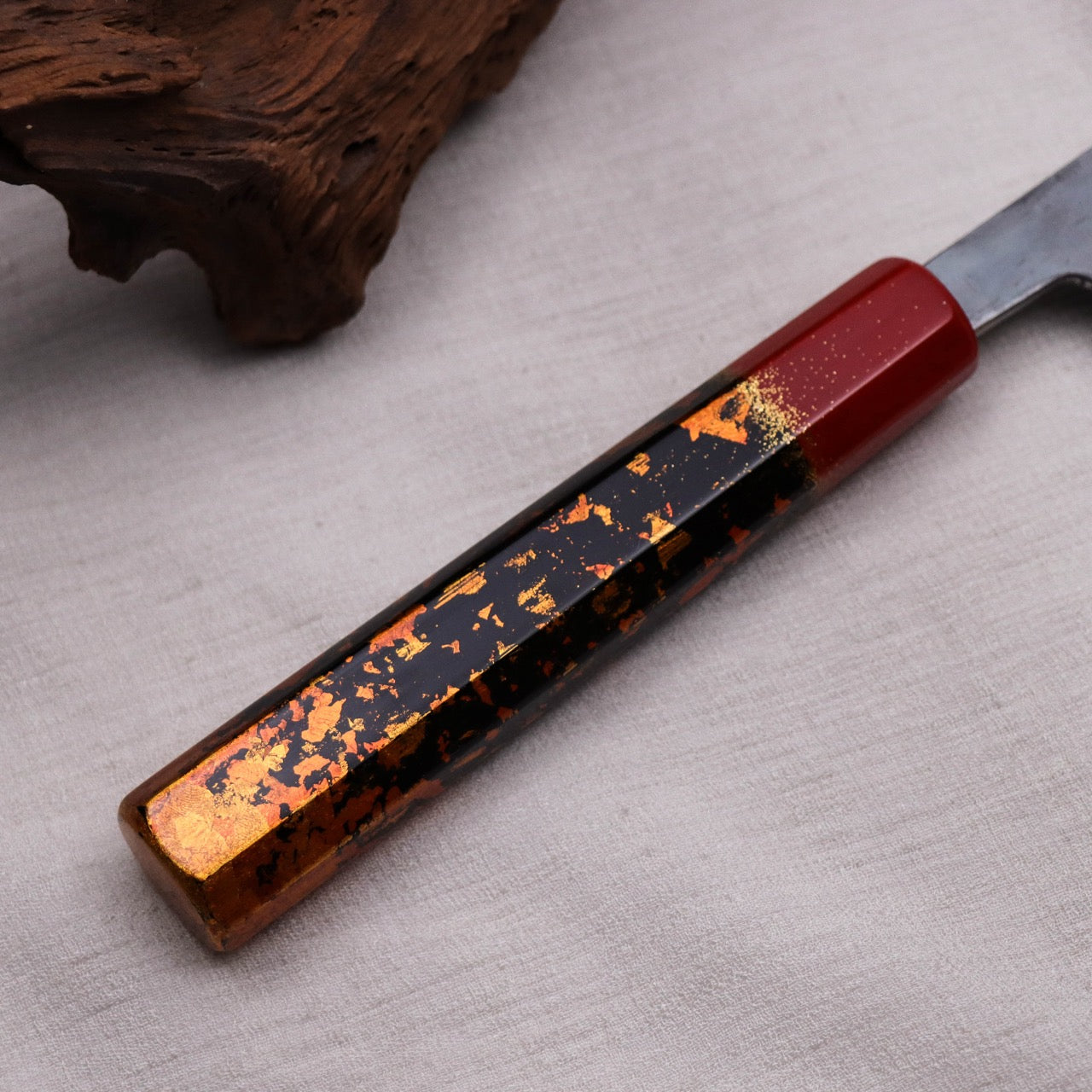 勝治作 青二 Stainless 黑打牛刀 本漆金箔塗漆八角柄
