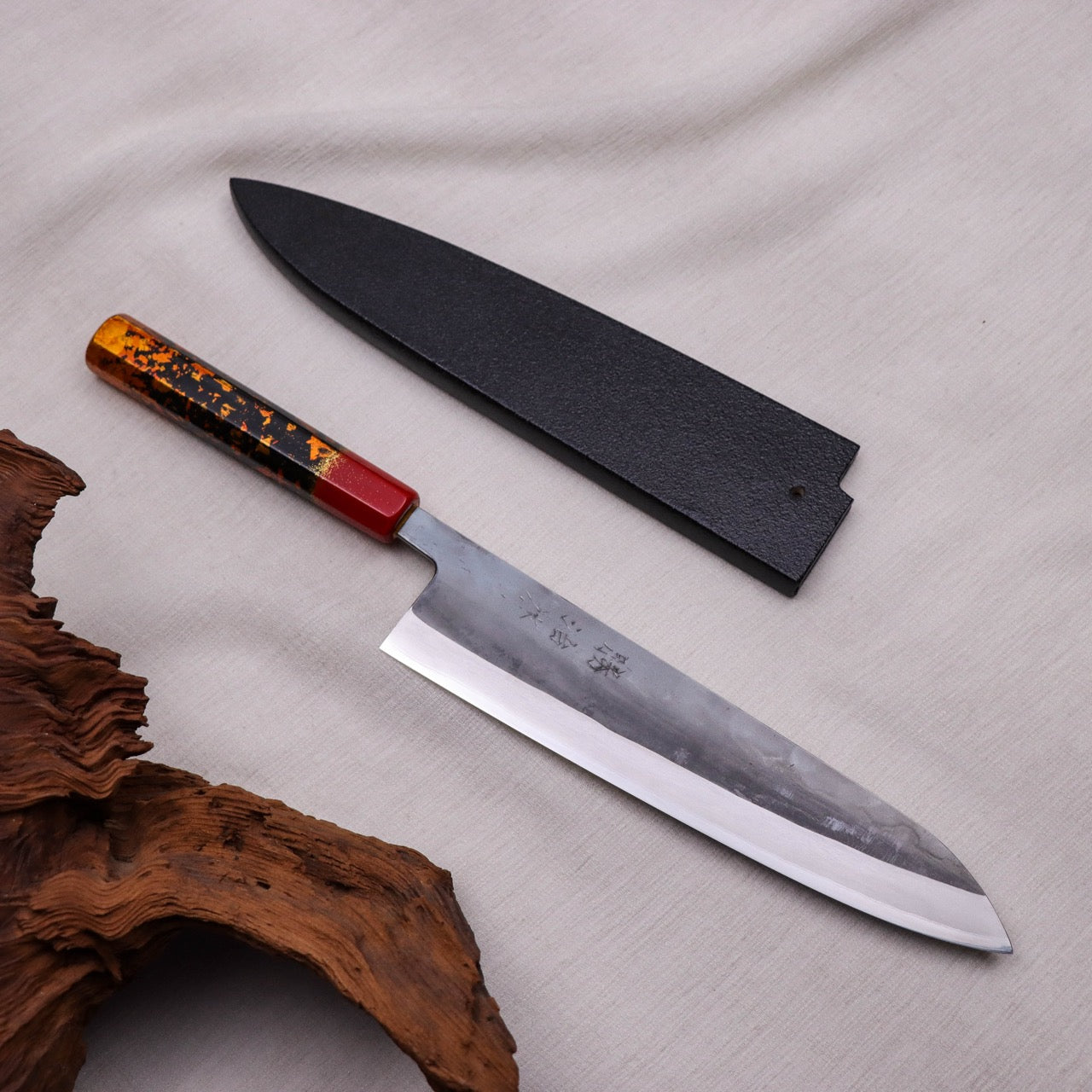 勝治作 青二 Stainless 黑打牛刀 本漆金箔塗漆八角柄