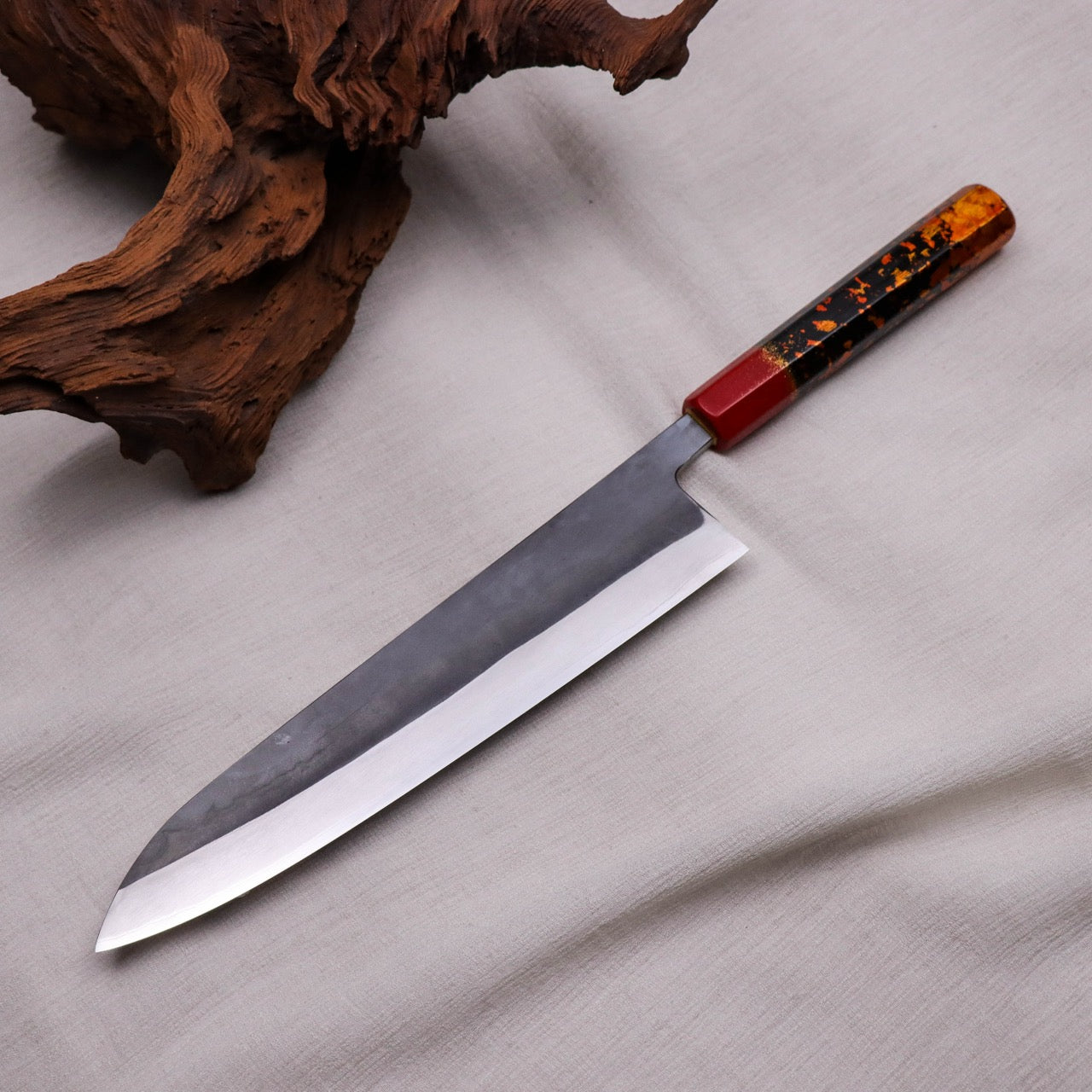 勝治作 青二 Stainless 黑打牛刀 本漆金箔塗漆八角柄