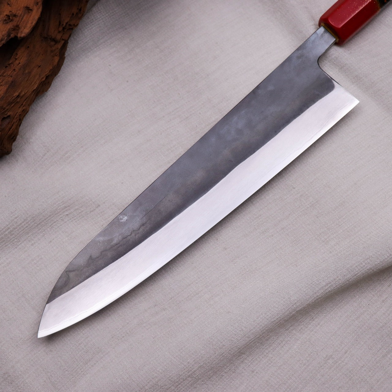 勝治作 青二 Stainless 黑打牛刀 本漆金箔塗漆八角柄