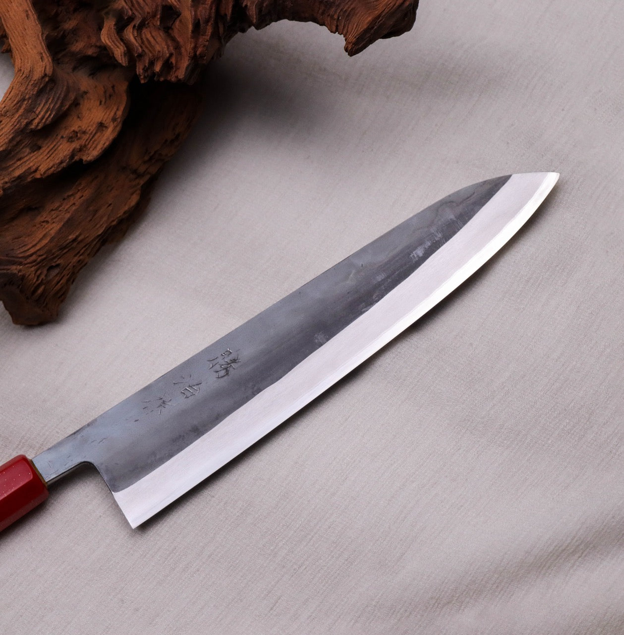 勝治作 青二 Stainless 黑打牛刀 本漆金箔塗漆八角柄